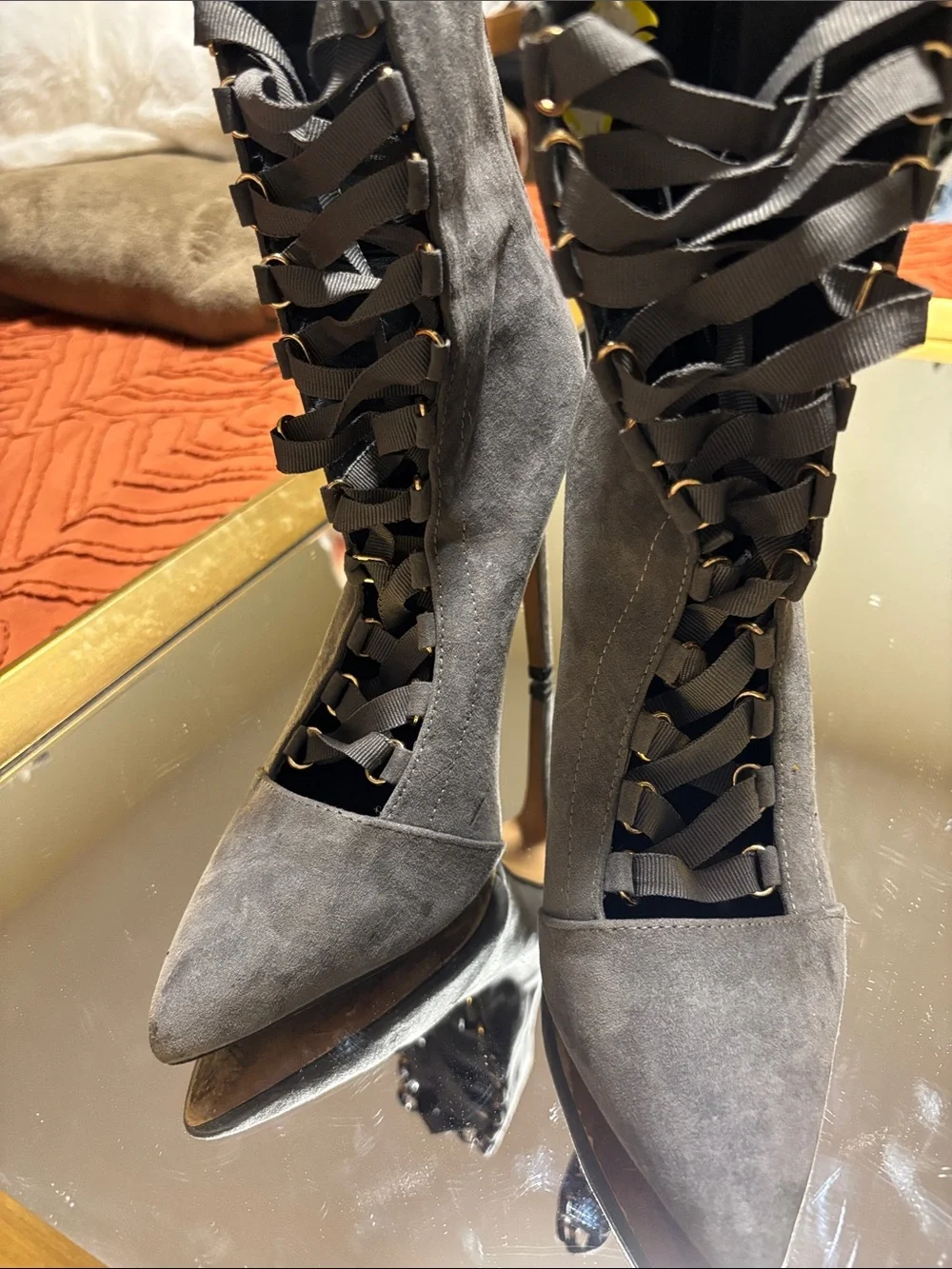 Windsor Gray Suede Lace-Up Pointed-Toe High Heel Boots - Picture 3 of 4